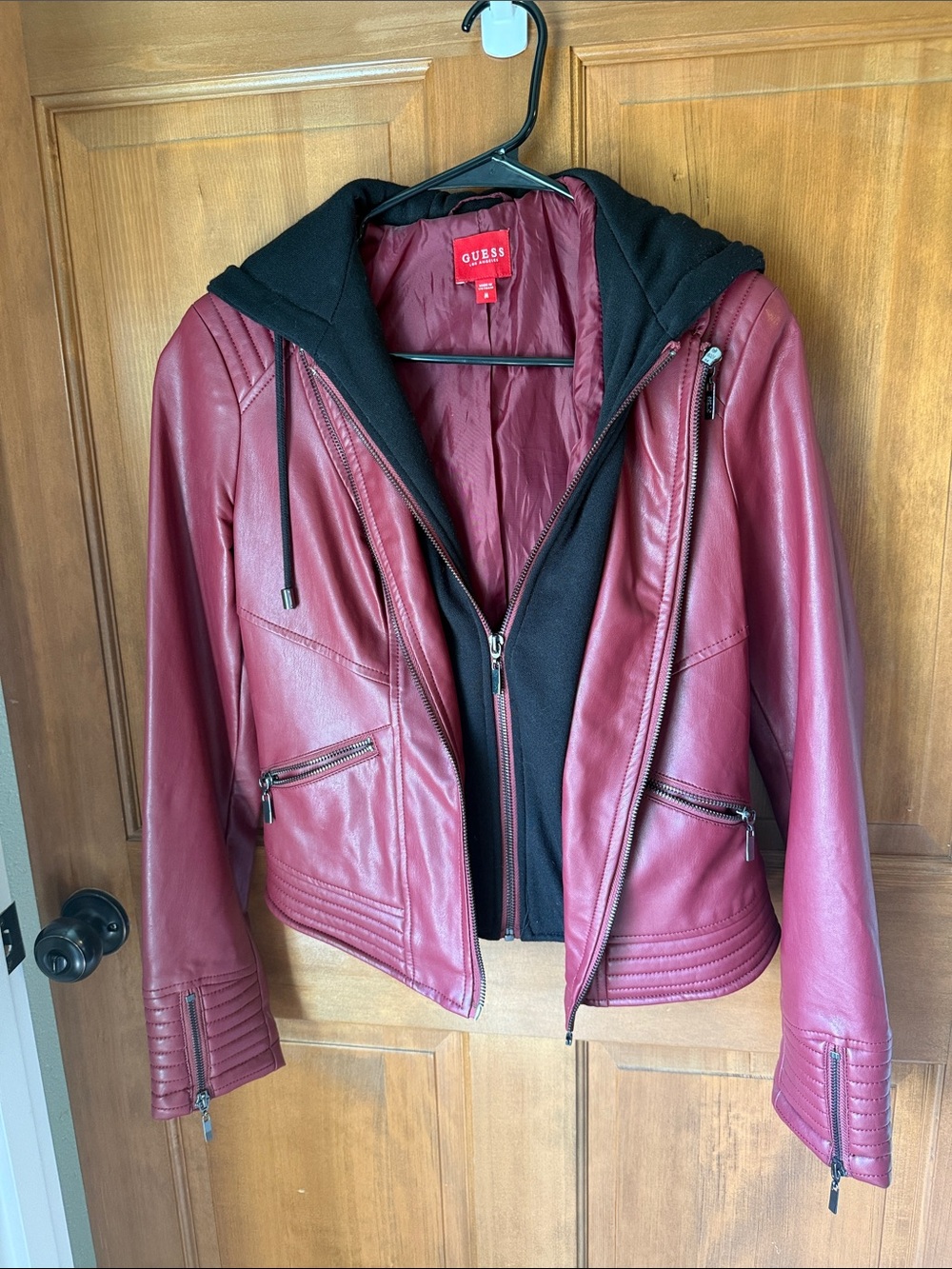GUESS Women's Burgundy Faux Leather Hooded Moto Jacket with Black Hood